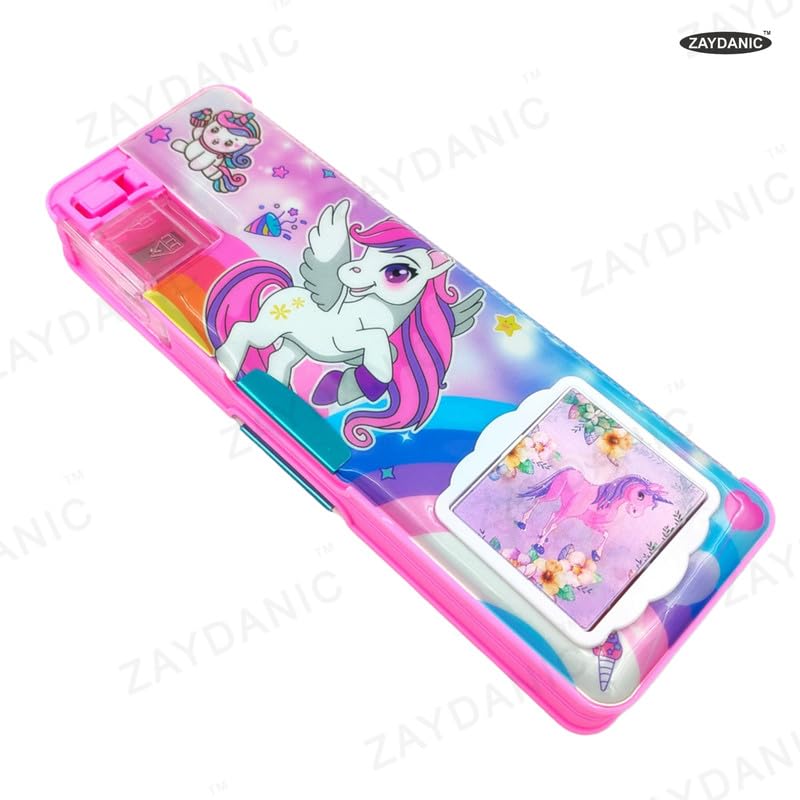 Image of ZAYDANIC Unicorn Pencil Box Integrated Sharpener and Calculator, Magnetic Lock, Dual Compartments, Cartoon Stationery Case School Kit for Girls, Kids, Students Combo Set of 5in1