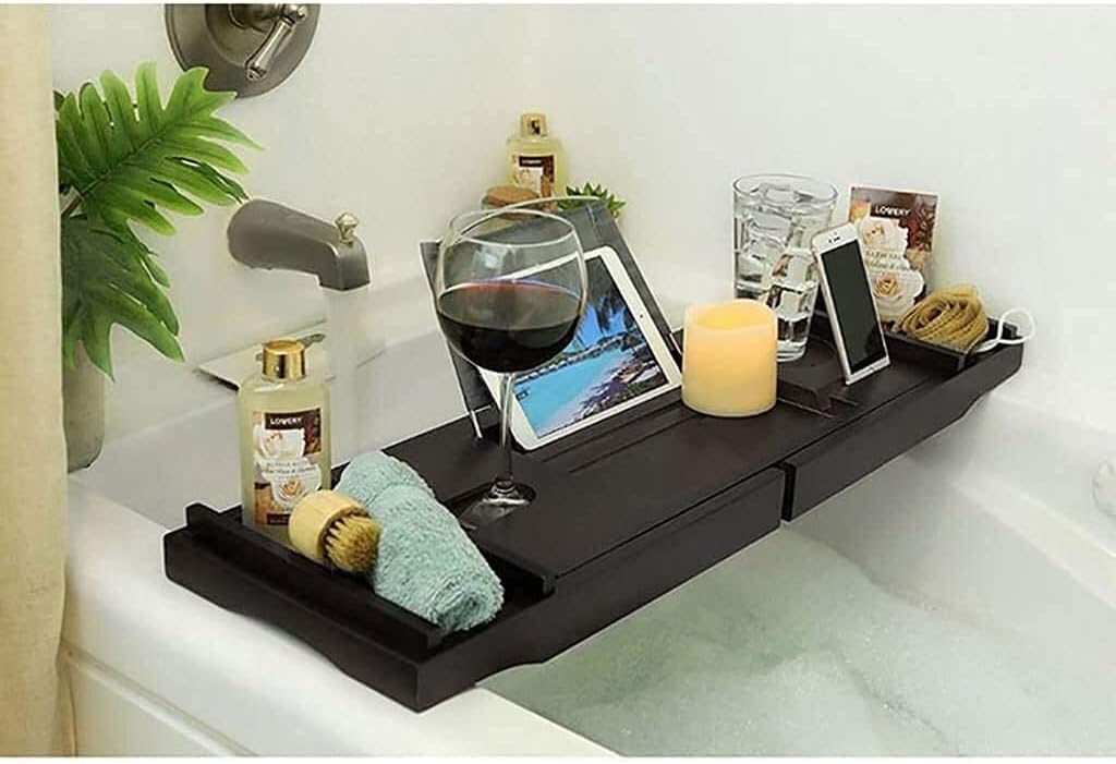 Bathtub cover Luxury wood Bathtub Caddy Bath Tub Tray with Extending Sides Built in Book Tablet Holder Cellphone Tray& Integrated Wineglass Holder and Other Accessories Placement Foldable bathtub cove : Home & Kitchen