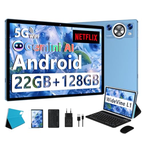 AI Tablet 10 Zoll Android,Tablets mit Tastatur, 8000mAh ,Octa-Core 2.0Ghz, 5G+2.4G WLAN, 22GB RAM+128GB ROM TF 2TB, BT 5.0, GPS, Widevine L1, Gesichtserkennung, 1280*800, 8+5MP, Tablet mit Maus - Blau