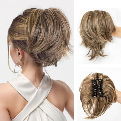 Ponytail Extension Claw Clip Messy Bun Hair Piece Short Ponytail Extension Bendable Metals Wires Synthetic Fake Hair Bun Hair Pieces for Women(86H10/Black Brown with Golden Highlights)