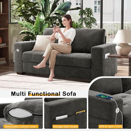 Image of Hanherry 70 inch Sofa for Living Room, Modern Comfy Couch with Medium Firm Seat Cushion, Removable Cover,Wide Armrest,USB /Type-C Port,Chenille Fabric Couches for Small Space,Apartment