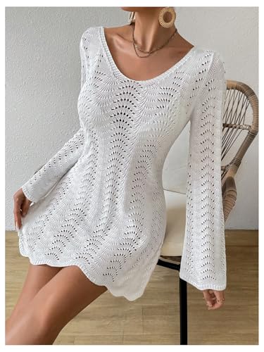 GORGLITTER Women's Backless Crochet Cover Up Swimsuit Long Sleeve Swimwear Summer Beach Vacation 2025 Dresses2