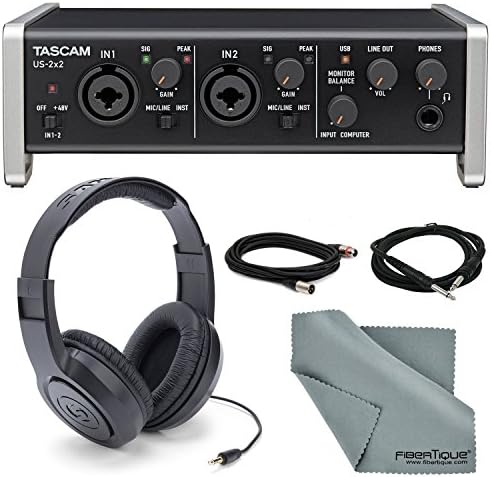 Tascam US-2x2 2-Channel USB Audio Interface Deluxe Bundle W/Dual MIDI Cable + 2 X ¼” Cable + 2 X XLR Cable + Samson Stereo Headphones+ Fibertique Cleaning Cloth