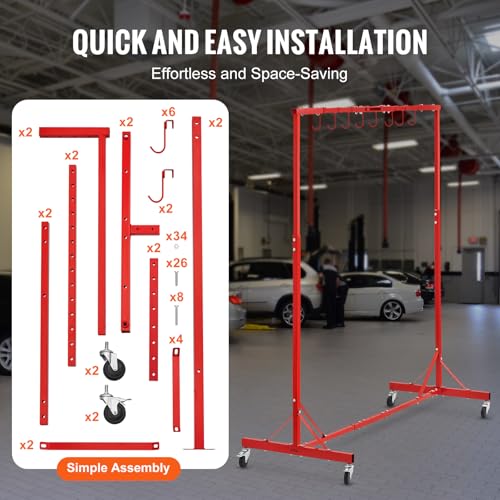 Image of VEVOR Painting Rack, 5 ft-7 ft Adjustable Height, 66 lbs Capacity Automotive Paint Stand, 8 Hooks Drying Rack With 4 Swiveling Wheels, Auto Body Stand for Repair Shops & Garage