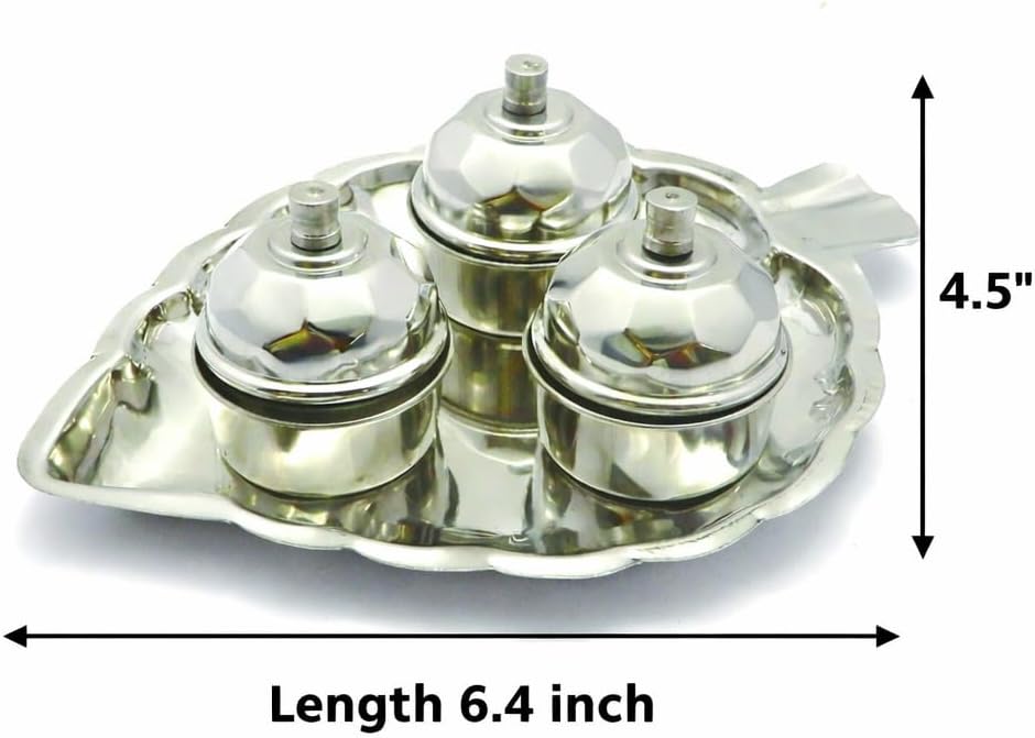 Haldi Kumkum Holder Containers Pooja Thali Set Stainless Steel Haldi Kumkum Holder Stand Leaf Shaped Thali Festival Puja Plate Container 3 Bowls Kumkum Stand Returns Gift