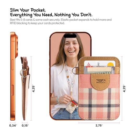Image of POCKT Slim Card Holder Wallet For Men and Women - Minimalist Front Pocket Wallet Elastic Credit Card Holder Genuine Leather RFID Blocking Card Case Wallets, Pink Plaid, Minimalist
