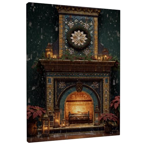 Tela artistica da parete per camino, decorazione da parete per cucina, tradizionale, accogliente ghirlanda di lanterne, invernale, verde, da appendere alla parete, per appartamento, soggiorno, camera