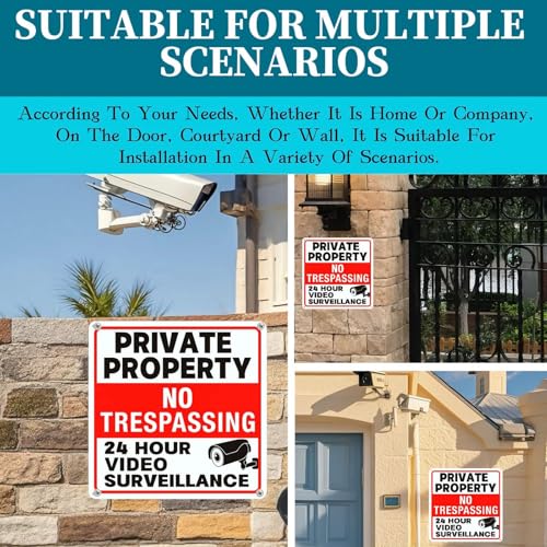 Image of 4 Pack No Trespassing Signs Private Property, Video Surveillance Sign | Reflective aluminum signs, which are weather - resistant and easy to install, are suitable for courtyards, gates and fences