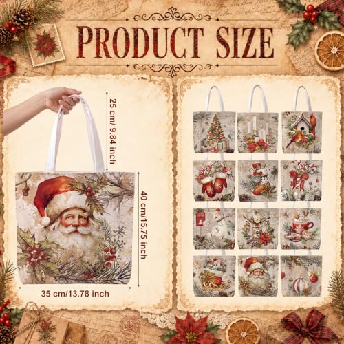 Image of Paterr 12 Pcs Vintage Christmas Canvas Tote Bags Bulk Reusable Retro Christmas Gift Bags with Handles Xmas Tree Santa Claus Cardinal Canvas Handbags for Women Xmas Gifts Farmhouse Party Decor Supplies
