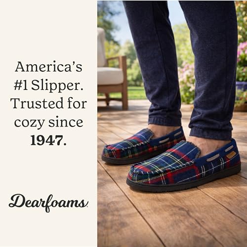 Image of Dearfoams Men's Keaton Moccasin House Shoes With Memory Foam, Indoor Slippers With Wide Widths