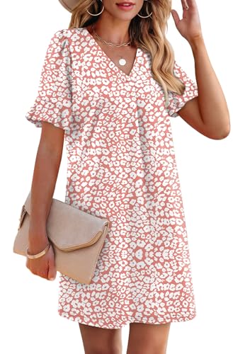Image of OFEEFAN Summer Dresses for Women Ruffle Short Sleeve V Neck Casual Shift Dress with Pockets