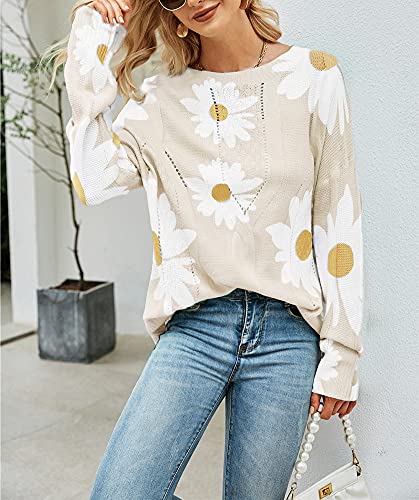 Chouyatou Women's Crewneck Long Sleeve Floral Printed Knitted Sweater Pullover Tops (Large, Apricot) #TOP2