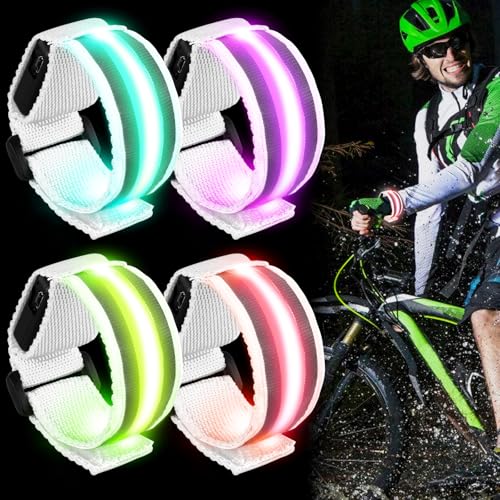 Lot de 4 bracelets LED rechargeables - Bandes réfléchissantes USB - Lumière de sécurité nocturne - Bandes lumineuses LED réfléchissantes - Lumières colorées - Bracelets LED pour le jogging, la course