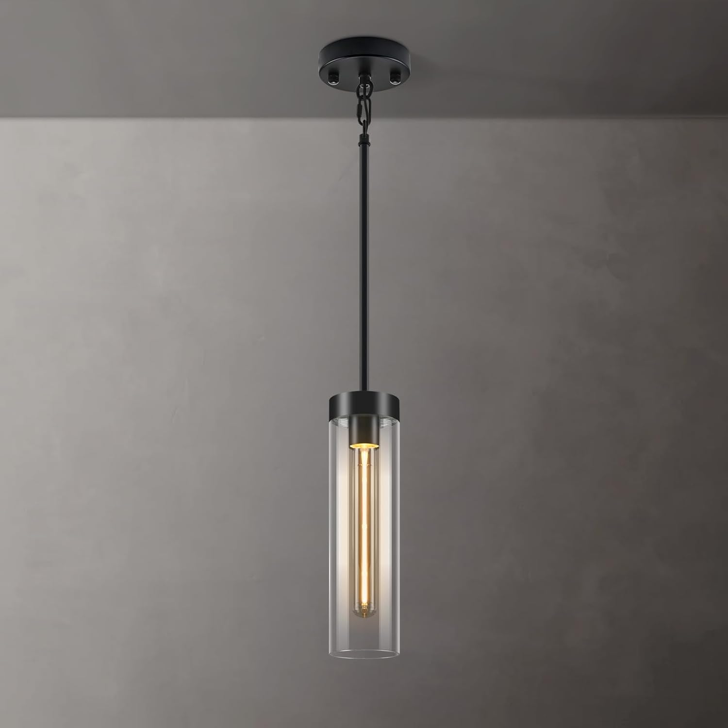 Mondern Black Kitchen Island Pendant Lights Fixtures, 12'' Long Glass Island Pendant Light,Clear Glass Pendant Lighting,for Kitchen, Dining, Bathroom,Included 2 Bulbs