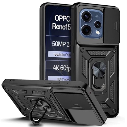 Image of AESTMO Tough Armor Oppo Reno 15 5G Bumper Back Case Cover | Ring Holder & Sliding Camera Shield Cover | 360 Degree Protection Back Case Cover for Oppo Reno 15 5G (Black)