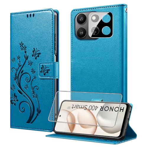 TTYSHTT for Honor 400 Smart Case Wallet with Tempered Glass Screen Protector &Camera Lens Card Holder Slots Wrist Strap TPU Interior Protective Shockproof PU Leather Folio Flip Cases Cover Blue