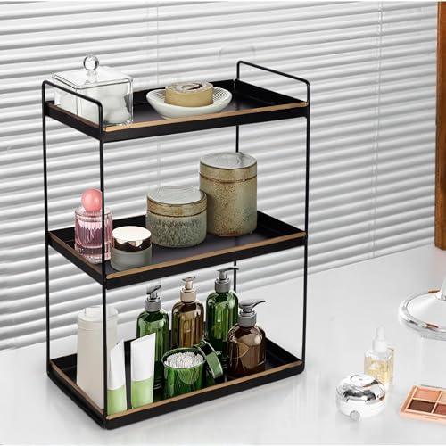 Image of Niyara Iron Metal Heavy Duty Stand 3-Tier multistorage /Multipurpose Standing Rack, Bathroom Countertop Storage Shelf Cosmetic Organizer Holder Kitchen Spice Rack (Square Black with Golden)