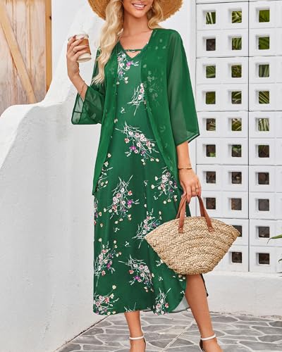 Image of Honwenle Women's Summer Maxi Dress 2 Piece Outfit Sleeveless Loose Split Dresses with Cover up Casual Formal