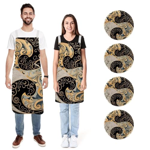 Tabliers de cuisine en lin lot de 2 avec poches reglables et motif Yin Yang Bagua