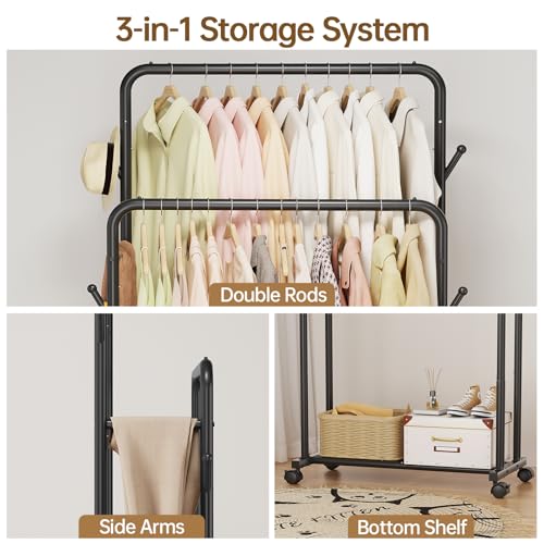 Delamu Clothes Rack, Double Rods Clothing Rack for Hanging Clothes, Metal Garment Rack with Rolling Wheels, Portable Wardrobe Closet Rack for Coat, Bedroom, Laundry, Black - Image 4