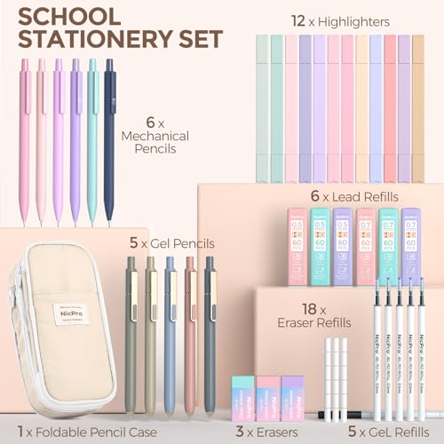Image of Nicpro School Supplies Stationary Set with Pencil Case, 39 PCS Cream | Back to Schoo Supplies, Pen Case with 12 Highlighter, 5 Gel Pen, 6 Mechanical Pencil, Essentials for College, Nursing Student