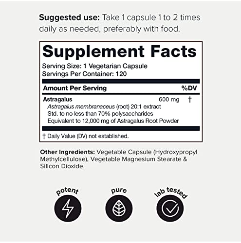 Ultra High Strength Astragalus Root Extract - 70% Polysaccharide Content - 12,000Mg 20X Concentrated Extract - 120 Astragalus Capsules #TOP1