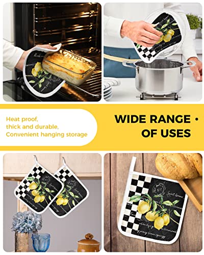 Summer Tropical Lemon Pot Holders For Kitchen, Black And White Buffalo Plaid Pot Holder With Loop Trivet Heat Insulation Oven Mitts Hot Pads, Washable Potholders For Cooking Backing #TOP3