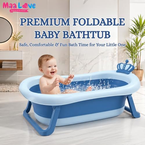 Image of Premium Foldable Baby Bathtub with Soft Cushion for Newborn, Infant & Toddler, Non-Slip Base, Easy Drain Plug, Portable Space Saving Bath Tub (Blue)