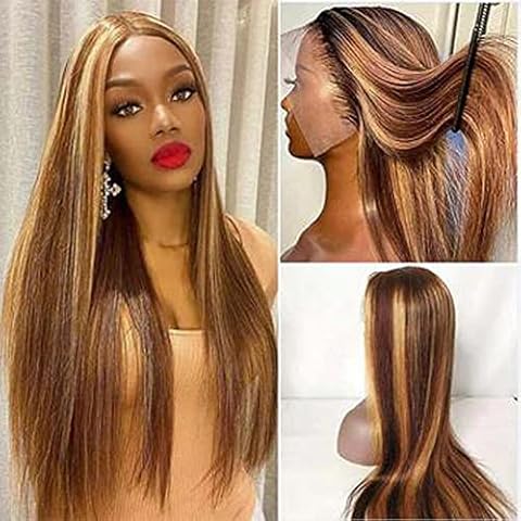 Healthair Ombre Lace Front Wigs Human hair Highlight 4/27 Honey Blonde Lace Front Wig 180% Density Straight Human Hair Wig 13x4 HD Transparent Lace Wigs for Black Women (4/27, 24inch) Cover
