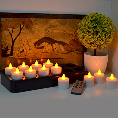 Telosma Inductive Rechargeable Led Tealight Candles Flameless With Timer Remote, Set Of 12 Amber Yellow Light #TOP6