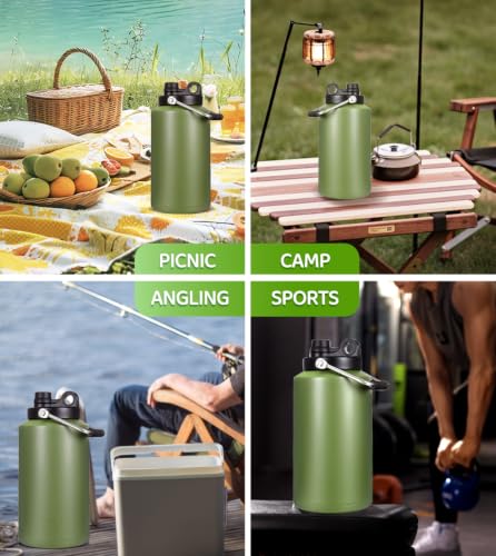 Image of Insulated Water Bottle,1 Gallon Jug with Handle, 128oz Stainless Steel, Large Water Wide Mouth Bottle for Hot & Cold Drinks, Ideal for Travel, Camping, Family (Green)