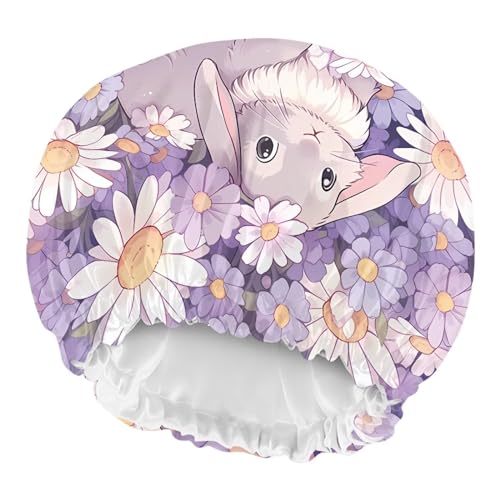 Image of Kids Satin Sleep Cap - Double Layer Satin Bonnet - Night Cap With Rabbit Daisy Print - Gifts for Frizzy, Curly or Straight Hair Toddler Children - Spring to Winter