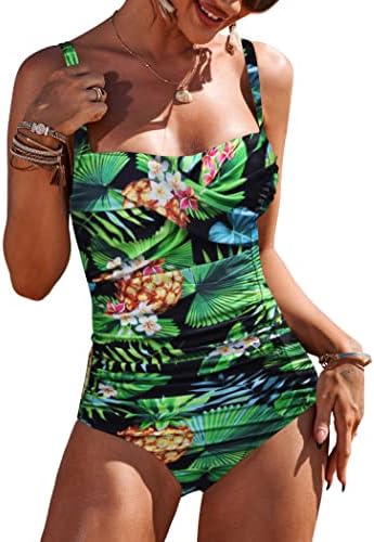 Ekouaer Womens One Piece Swimsuit Ruched Tummy Control High Cut Backless V Neck Bathing Suits Swimwear,XL,PAT5
