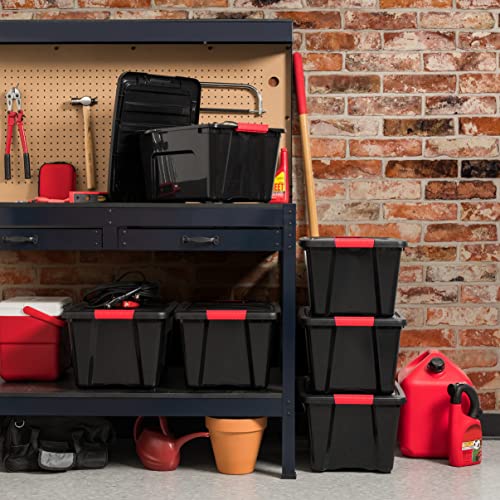 Image of IRIS USA 32 Qt Stackable Plastic Storage Bins with Lids, 6 Pack - BPA-Free, Made in USA - Garage Organizing Solution, Latches, Durable Nestable Containers, Secure Pull Handle - Black