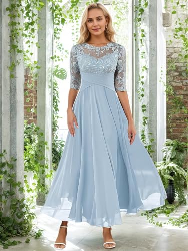 Tea Length Mother of The Bride Dresses for Women Lace Appliques Chiffon Formal Wedding Guest Dress with Sleeves AF0673