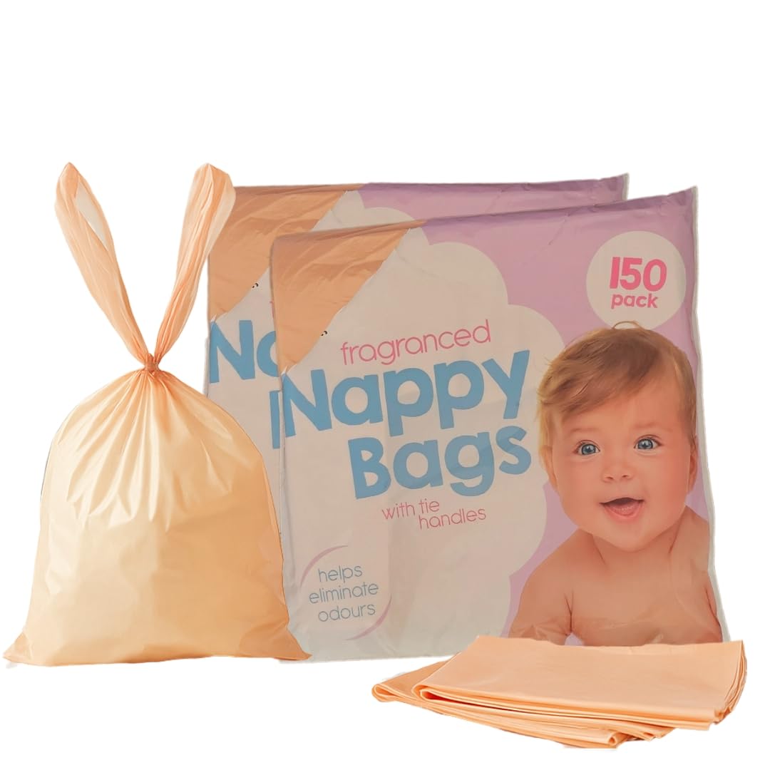 300 PACK Fragranced Nappy Bags 1 with Tie Handles (2 X 150 PACK), 150 count (Pack of 2)