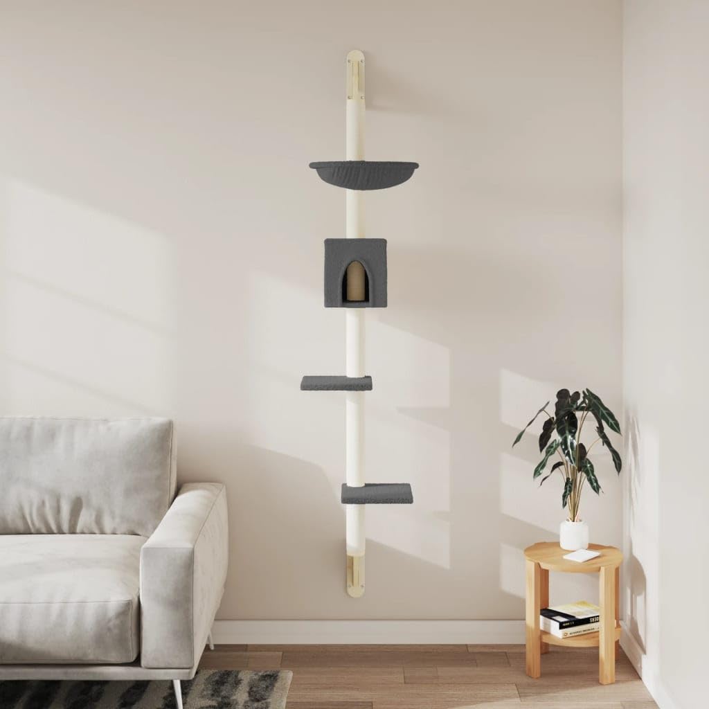 Tiragraffi da parete con colonna tiragraffi in sisal e superfici di riposo, grigio scuro, 187 cm, per gatti in appartamenti, albero da arrampicata con amaca, grotta e tiragraffi, torre gioco