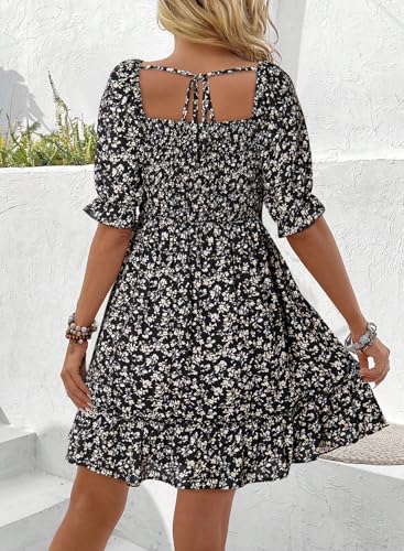 Image of Dokotoo Womens Casual Summer Dresses Short Sleeve Square Neck Smocked Boho Floral Sundress Flowy A-Line Mini Dress
