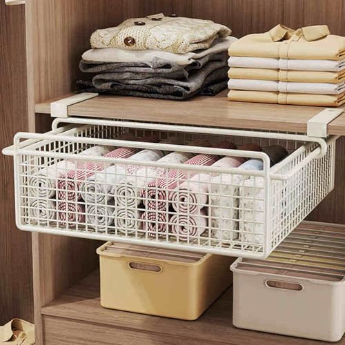 Under Cabinet Storage Basket, Pull Out Metal Wire Organizer for Kitchen, Office, Wardrobe, Cupboard - Heavy Duty 20kg Capacity (White, 40x40x15cm)