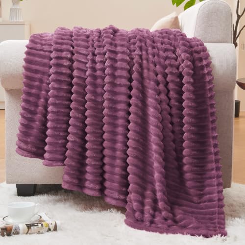 Image of BEDELITE 3D Ribbed Jacquard Plum Fleece Throw Blanket for Couch, 50x60 Inch