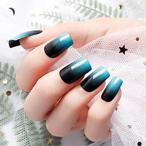 LIARTY 24 Pcs 12 Different Size Simple Gardient Blue Black Medium Length Square Full Cover False Nails with Design