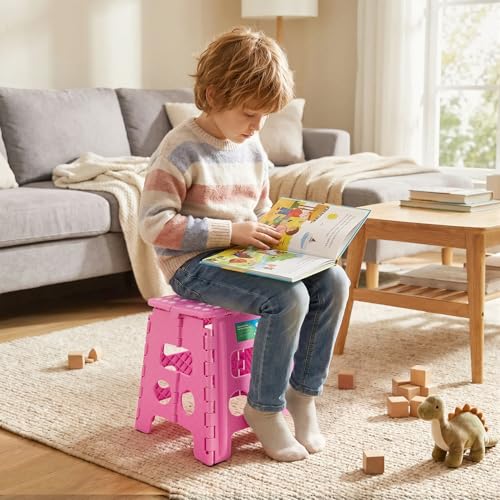 Image of Dyforce Folding Step Stool 13 Inch - Non-Slip Foldable Stool for Adults & Kids, Holds 300 lbs, Lightweight Compact Foot Stool with Handle for Kitchen, Bathroom, Bedroom (Pink)