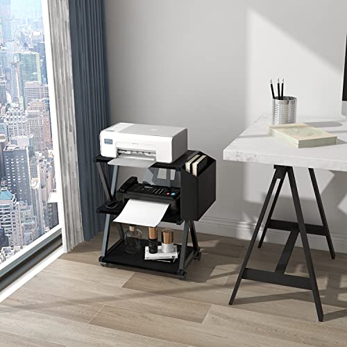 Vedecasa Mobile Printer Stand 3 Tier Wood Shelf Metal Frame Printer Table With Storage Bag For Home Office Modern Under Desk Sofa Beside End Table Printer Cart With Rolling Caster Wheel (Black) #TOP5