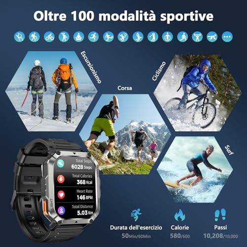 Blackview Smartwatch Uomo, 2.01" Smartwatch Militare Uomo Fitness con Chiamate Bluetooth Orologio Intelligente 115+ Modalità Sportive/900 mAh/Sonno/Cardiofrequenzimetro/Torcia/Bussola per Android IOS - Immagine 5