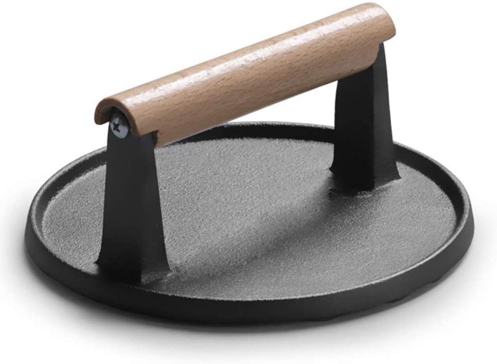 Gusseisen Bratpfanne Runde Presse Speckpresse Fleisch Fleisch Steak Grill Gewicht Hamburger Smasher Hamburgerpresse mit stabilem Holzgriff