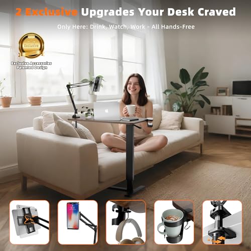 NIUTN Overbed Bedside Table with Wheels, Adjustable Hospital Bedside Desk, Rolling Laptop Table, Mobile Standing Desk, Laptop with Cup Holder & Phone/Tablet