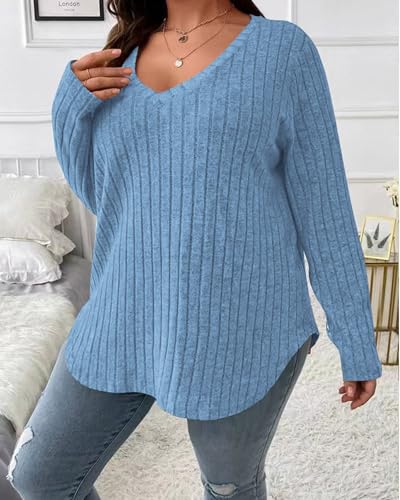 Image of Doweha Women Plus Size Fitted Sweaters Fall Winter 2025 Cute Pullover V Neck Knit Sweater Long Sleeve Basic Tops Shirt Jumper