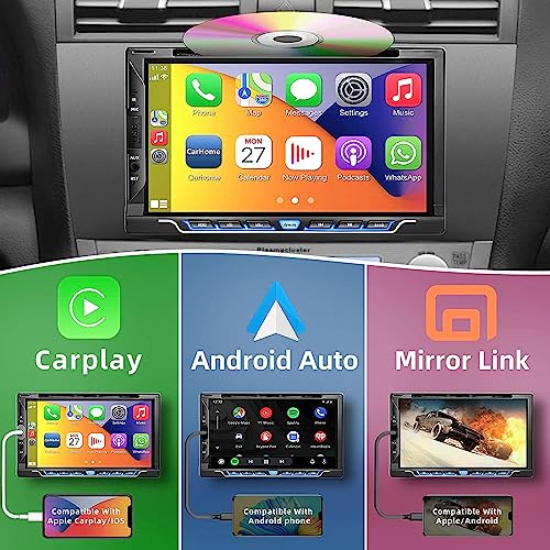 Double Din Car Stereo with CD/DVD Player, Apple CarPlay/Android Auto 7” Double din Radio with Backup Camera, Mirror Link, Bluetooth, AM FM Radio Receiver, SWC, Subwoofer, USB/TF/AUX… - Image 4