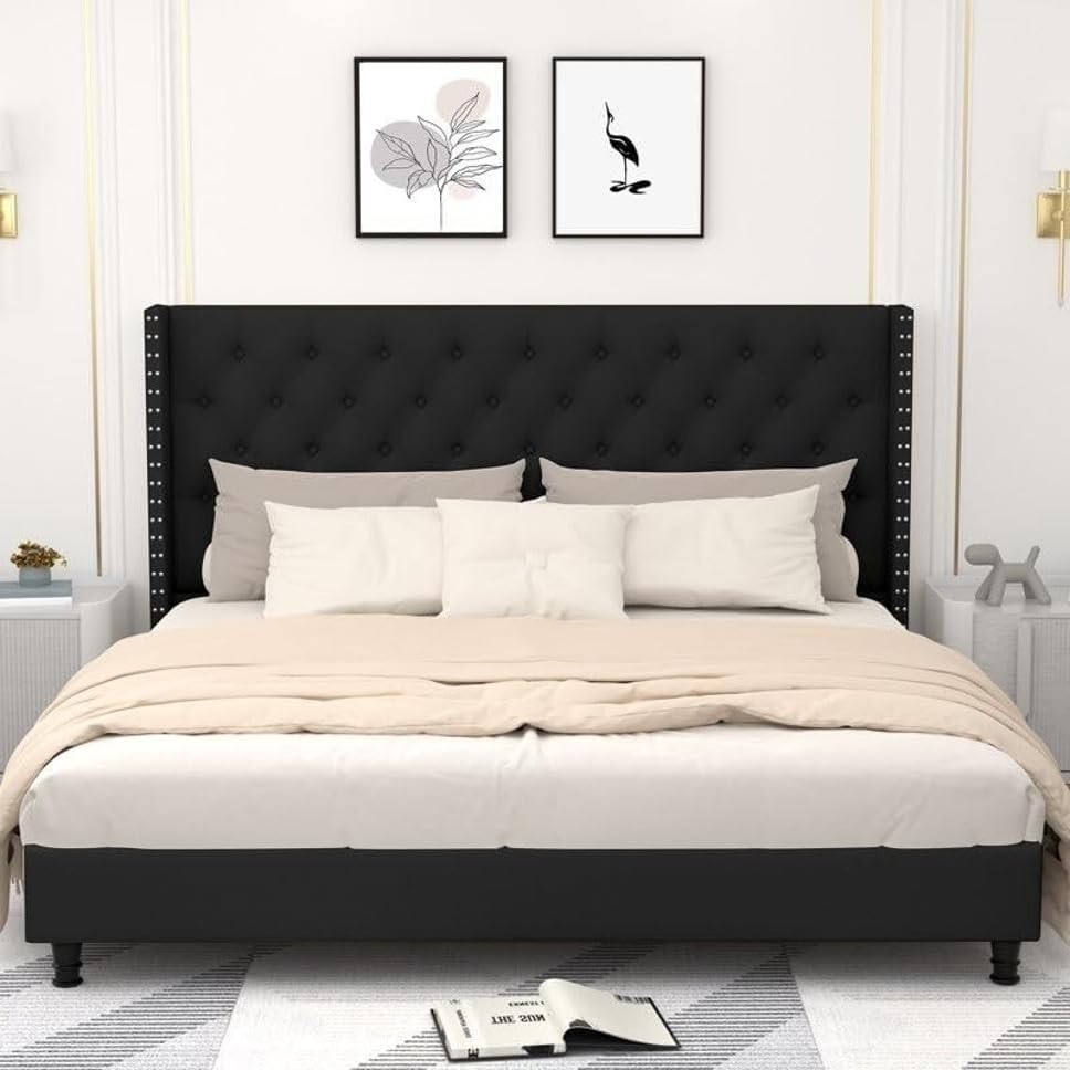 Image of Wooden Modern Upholstered Queen Size Bed for Bedroom | Wooden Double Bed Without Storage | Platform Cot Upholstered Bed with Upholstery Fabric | Engineered Wood | 6.5 x 5 Ft | Black Chosen