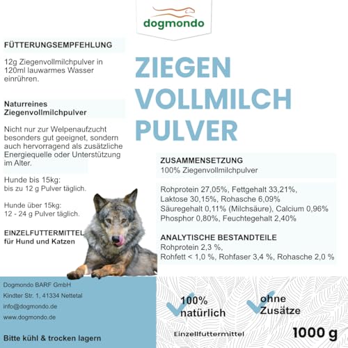 Dogmondo's Ziegenvollmilchpulver 1000g - Premium Ziegenmilch, Welpenmilch, Ersatzmilch ohne Zusätze. 100% Naturprodukt für Hunde, Katzen, Welpen und Kätzchen